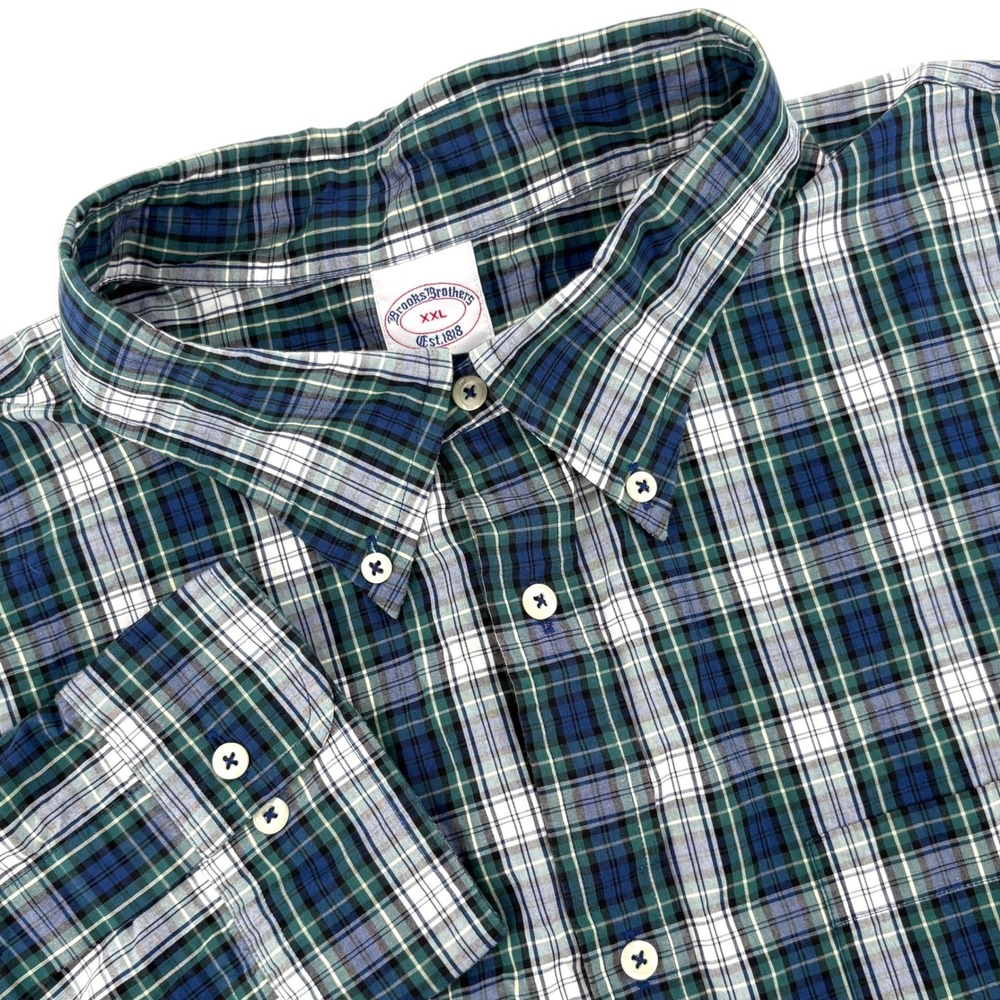 Brooks Brothers Mens XXL Blue Green Plaid Cotton Button Down Long Sleeve Shirt